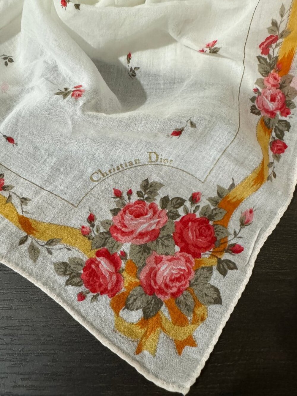 Christian Dior Vintage Handkerchief Rose Floral Pocket Square Scarf White